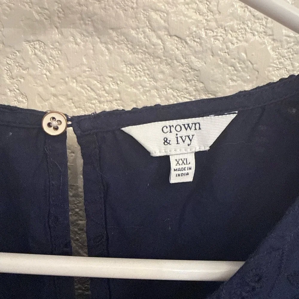 Navy Blue 100% Cotton Eyelet Blouse by Crown & Ivory-Boho Flutter Sleeve XXL - Picture 8 of 17